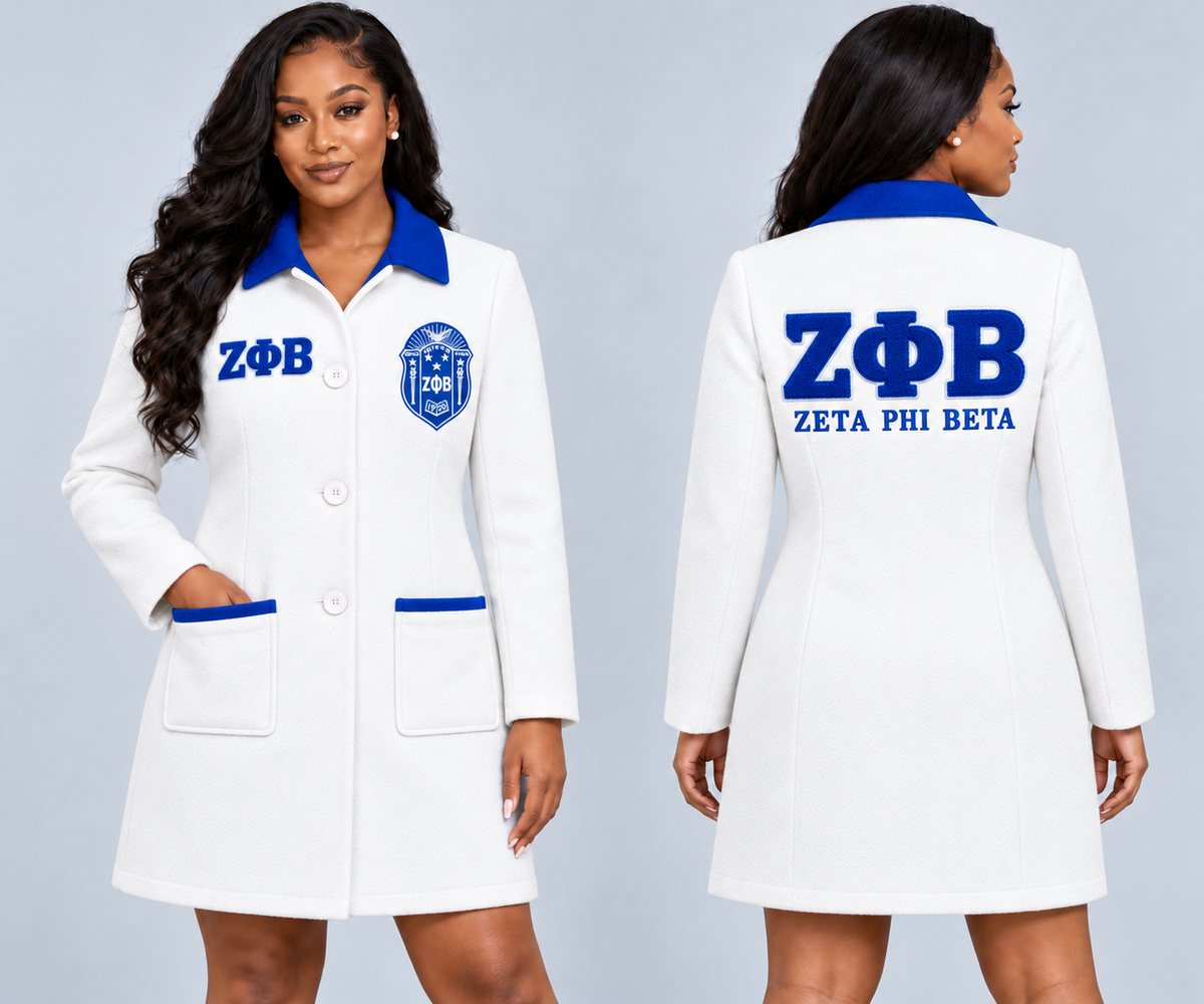 Black woman modeling Zeta Phi Beta white and royal blue fitted premium wool blend coat with chenille Greek letters and embroidered crest, front and back views.
