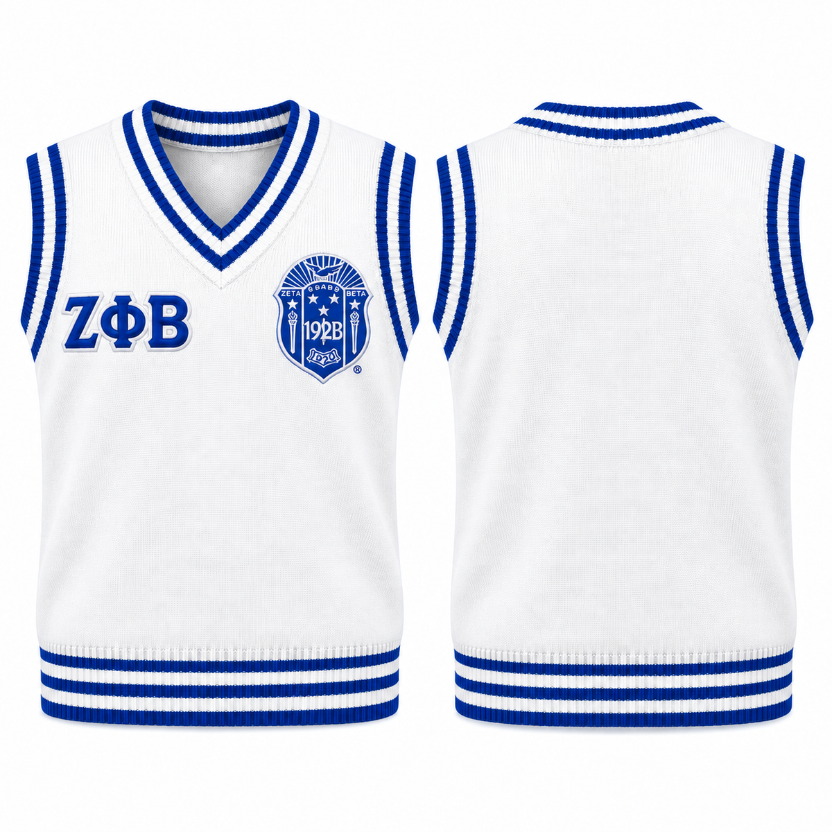 Zeta Phi Beta white and royal blue varsity sweater vest front and back