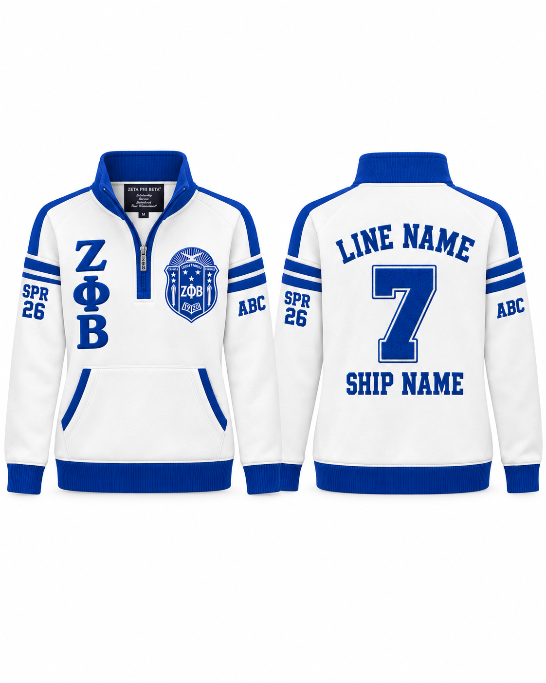 Zeta Phi Beta white and royal blue custom embroidered quarter zip pullover front and back