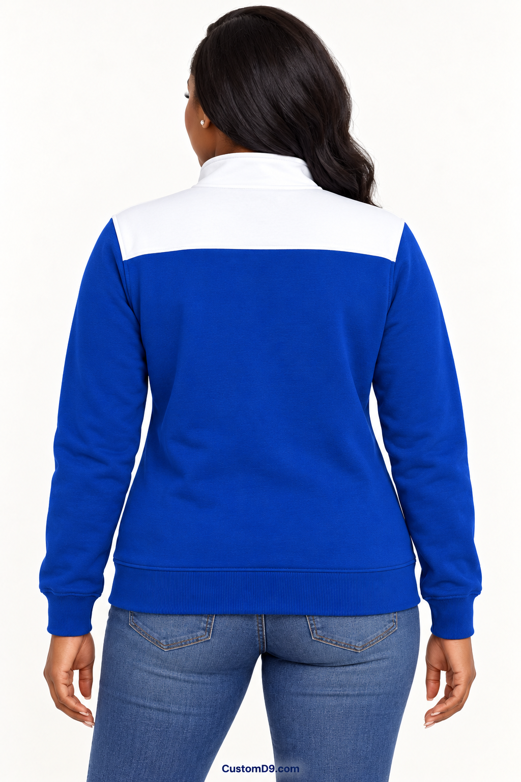 Black female model showing back of Zeta Phi Beta royal blue quarter-zip with white shoulder panel
