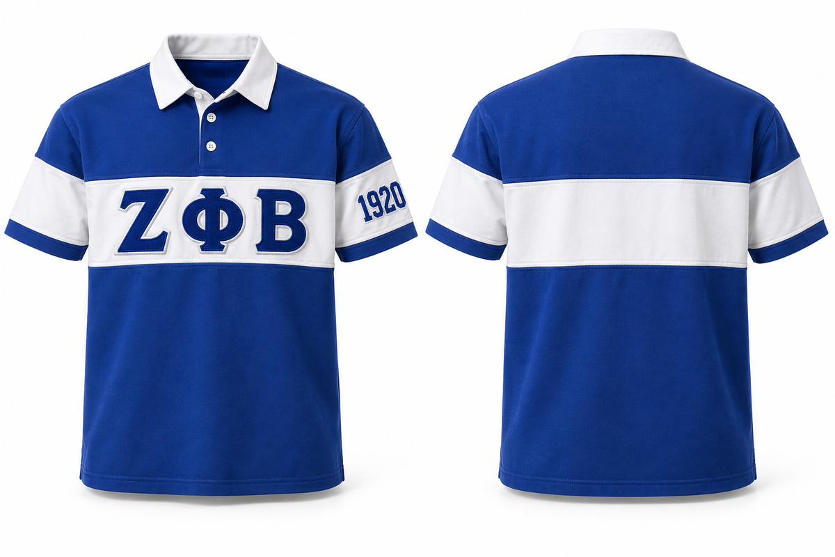 Zeta Phi Beta royal blue and white sewn-panel rugby polo front and back
