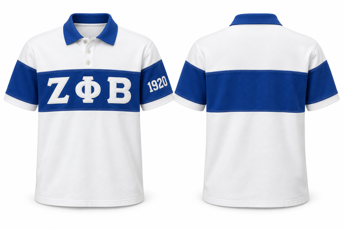 Zeta Phi Beta white and royal blue sewn-panel rugby polo front and back
