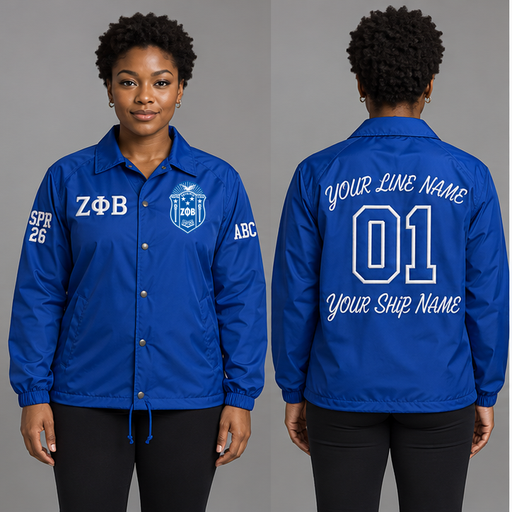 Zeta Phi Beta Royal Blue and White personalized coach line jacket on an adult model, original supplied crest and ΖΦΒ letters, sample line name, line number 01, ship name, crossing year and chapter initials.