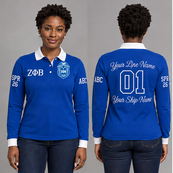 Zeta Phi Beta long sleeve polo in Royal Blue and White on an adult model, original supplied crest and ΖΦΒ letters, sample line name, number 01, ship name, crossing year and chapter initials.