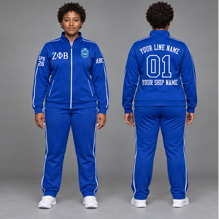 Zeta Phi Beta Royal Blue and White personalized track suit on an adult model, original supplied crest and ΖΦΒ letters, sample line name, line number 01, ship name, crossing year and chapter initials.