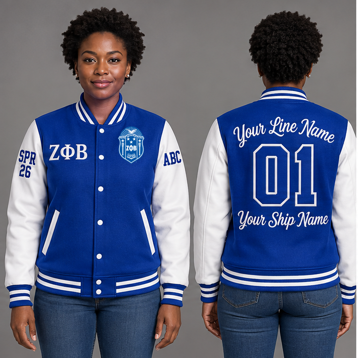 Zeta Phi Beta Royal Blue and White personalized wool varsity jacket on an adult model, original supplied crest and ΖΦΒ letters, sample line name, line number 01, ship name, crossing year and chapter initials.