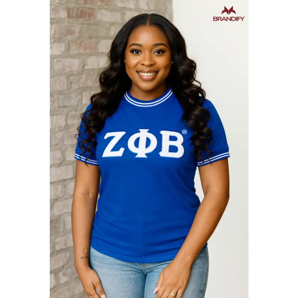 Custom Custom ΖΦΒ Striped Trim Chenille Tee | Custom D9 personalized Greek apparel design